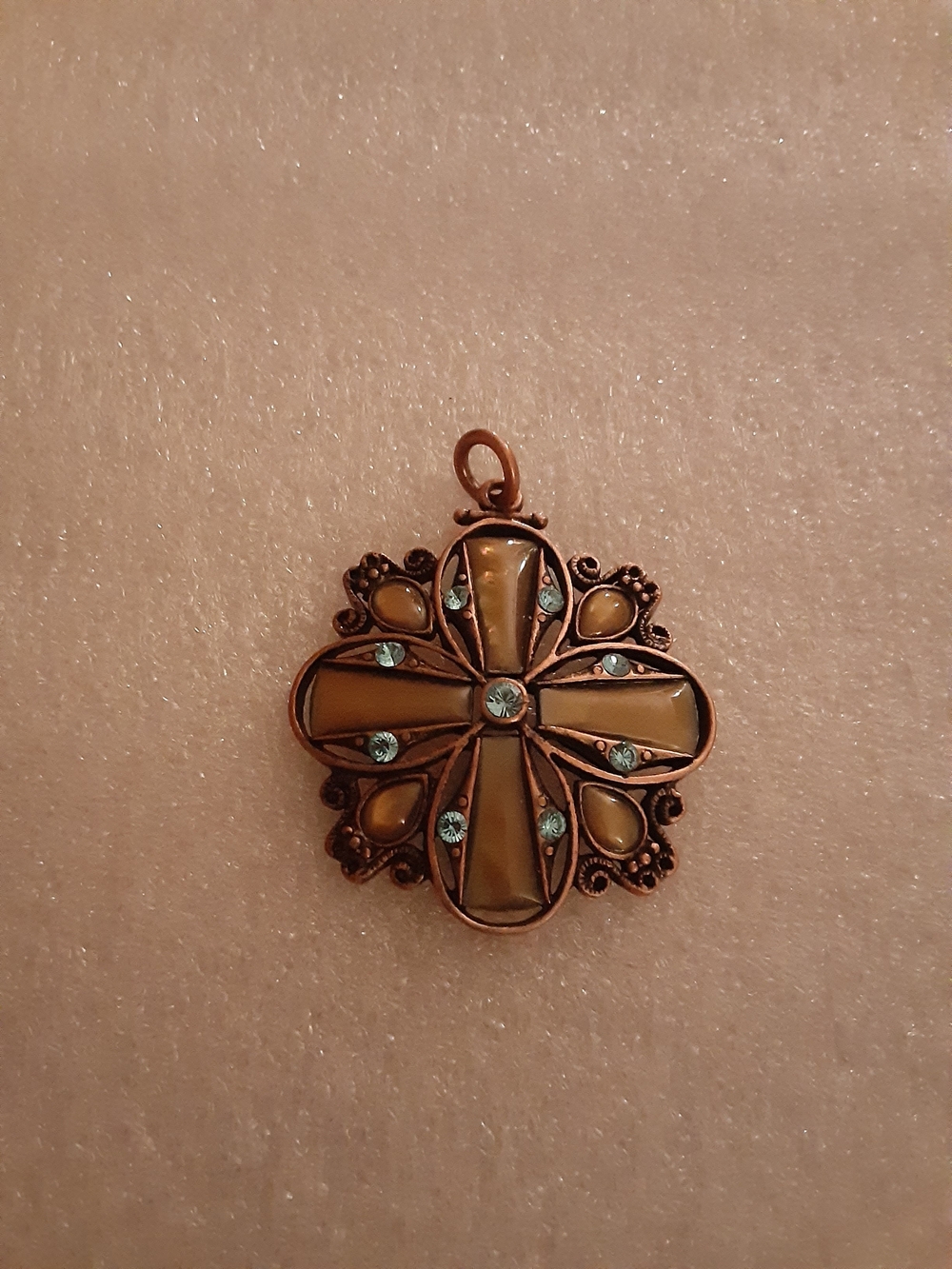 Vintage-Inspired Copper Tone Pendant Necklace with Blue Accents